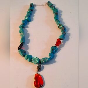 Turquoise andamber Stone Necklace On 925 Silver Clasp And Bids